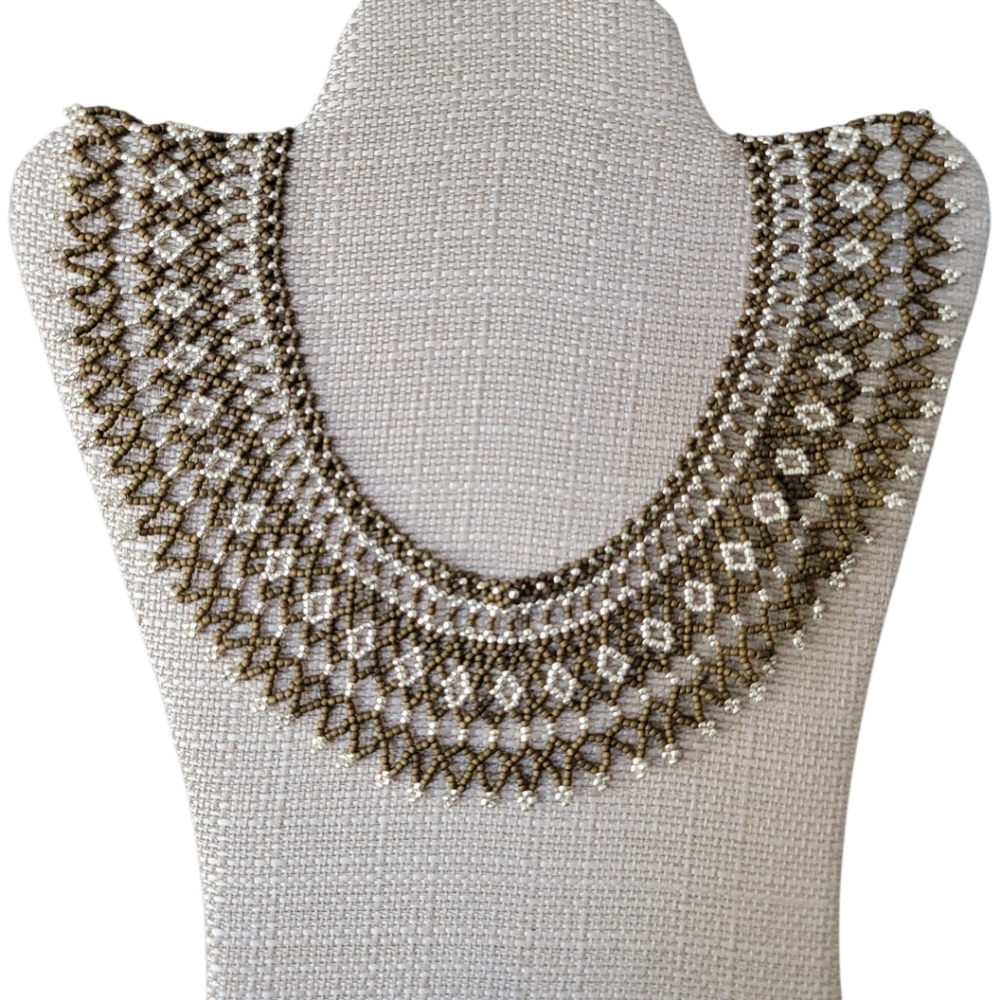 Artisan Handmade Elegant Beaded Bib Necklace in Gold & Silver